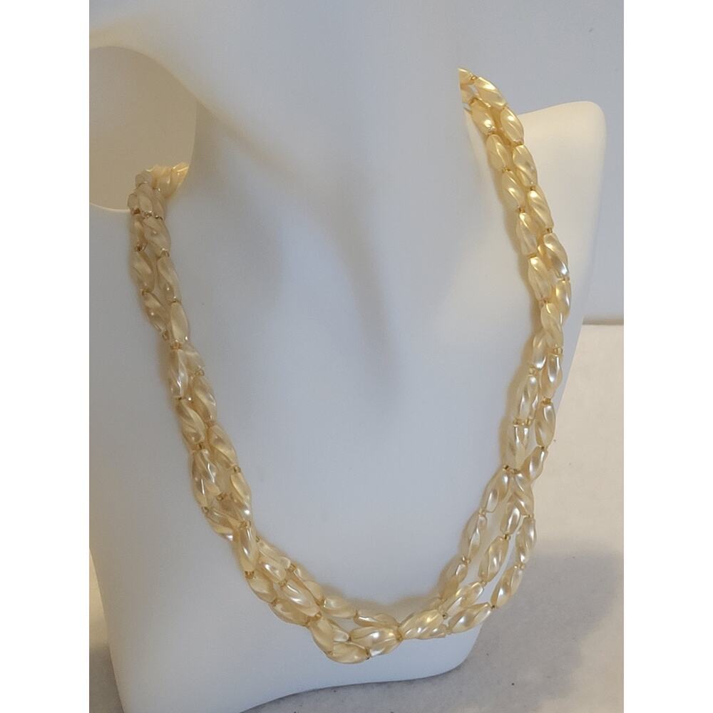Vintage Faux Pearl Necklace Multi Strand Cream Bead Statement Necklace Retro 17"